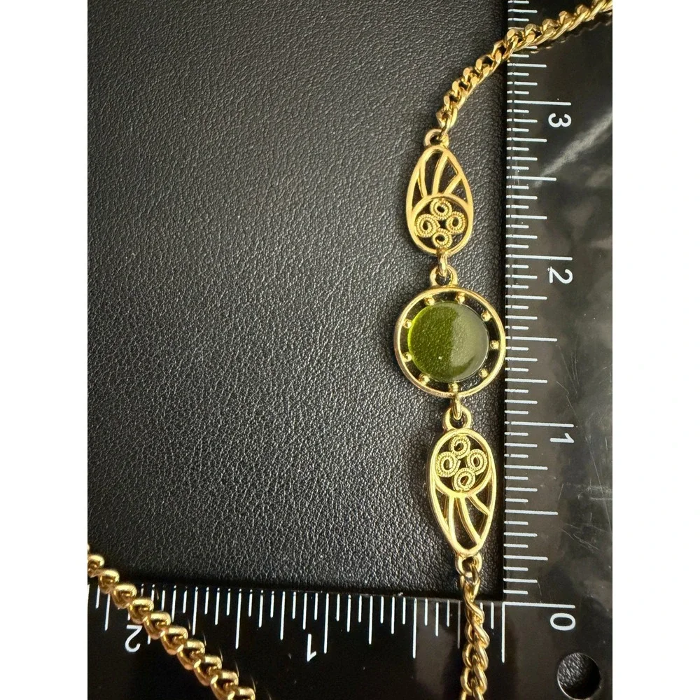 Vintage Necklace Long Opera Green Gold Tone Filigree 52